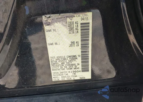 2015 Nissan Altima 2.5/2.5 S/2.5 Sl/2.5 Sv z USA, uszkodzony, nr VIN 1N4AL3AP2FC419604